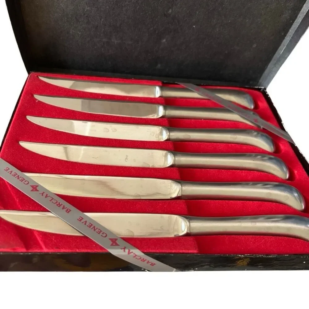 Vintage Barclay Geneve Oyster Bay 6 Pc Steak Knife Set Pistol Grip